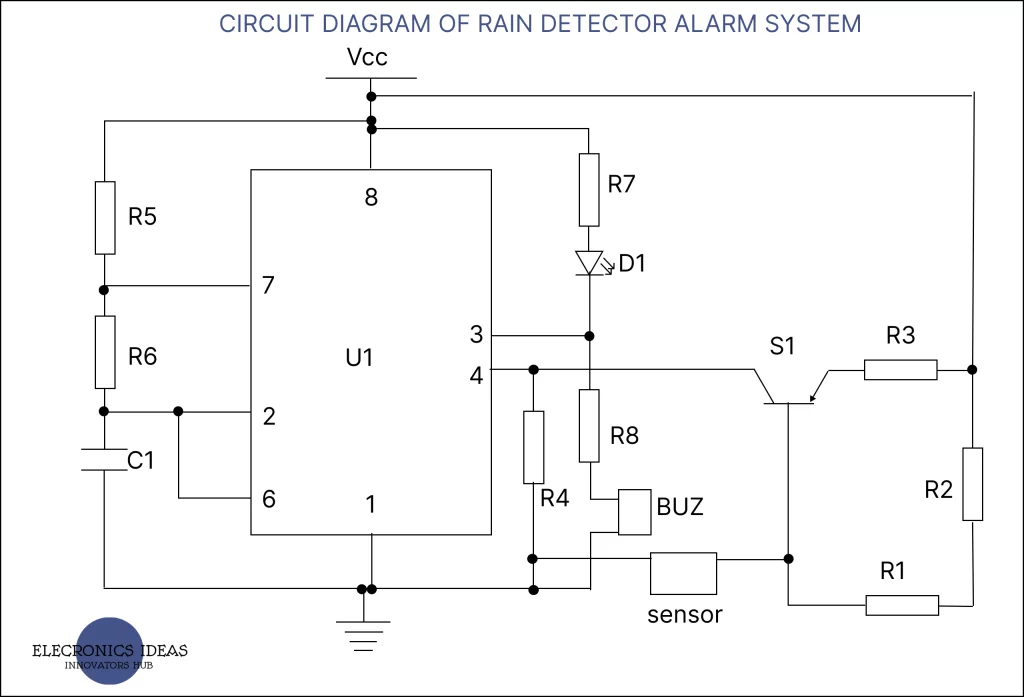 circuit diagram of rain detector alarm system