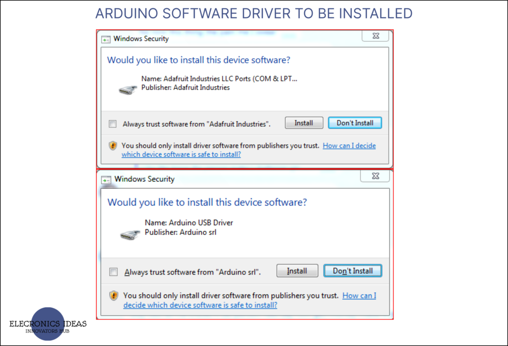 Arduino software drivers to be installed