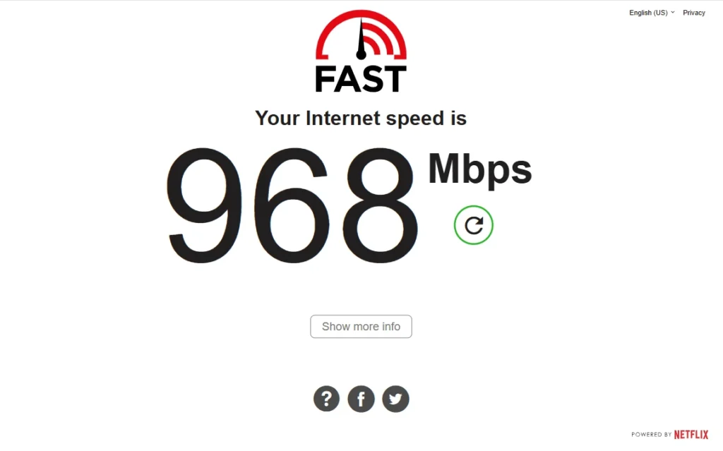 The ISP Bottleneck Reality
Even at peak wireless performance, our 1Gbps symmetrical fiber plan became the limiting factor. Fast.com consistently capped at 940–980Mbps due to Ethernet overhead—regardless of WiFi standard. During peak usage hours (7–10 PM), available bandwidth dropped by 15–25% across the board.

WiFi 7’s efficiency and lower latency helped maintain smoother performance during congestion, but it couldn’t bypass the hard limits imposed by the ISP connection.